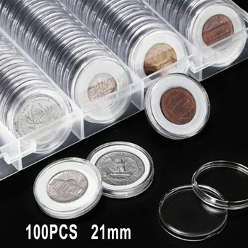 100ks Plastové Jasné Mince Kapsule Skladovanie Prípade Box Držiak Pre 21 mm Mince, Držiaky Na Medené, Strieborné Pamätné Zlaté Mince