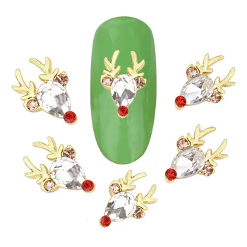 10pcs Zlatý jeleň hlavu manikúra ornament kúzlo nechtov drahokamu sklo gemstone dizajn DIY Vianočný darček nail art dekorácie 575