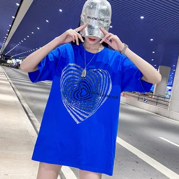 2022 Letné Módy Streetwear Drahokamu srdce vzor T-Shirt Ženy Príležitostné Voľné Tees Lady Topy S-4XL 40-150KG