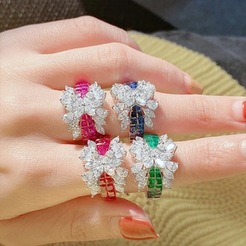 2022 Módne Luxusné Strieborné Farba Zapojenie Promise Ring pre Ženy Ruža Modrá Zelená Kameň Zirkón Navrhnúť Svadobné šperky