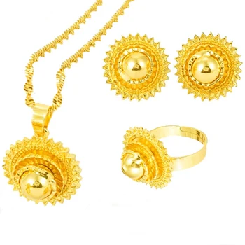 24K Gold Etiópia Tradičné Najnovšie Šperky Set Dubaj Zlaté Náhrdelníky Náušnice Krúžok Eritrea Nastaviť Žien Habsha Svadobné Party Darček