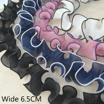 6.5 CM Široký Luxusné Skladaný Šifón Tylu Čipky Prehrabať Orezania Golier Stuha Výstrihu Putá 3D Nášivka Zdobené DIY Šitie Textílie