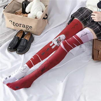 AB verzia cartoon Lolita nad kolená, stehná vysoké pančuchy Japonský roztomilý študent ružový tlač Lolita dievèa nové tenké žena ponožky