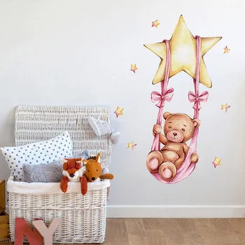 Akvarel Sladké Teddy Dievča Medveď Swing na Star Samolepky na Stenu pre Deti Detská Izba Detská Izba Stenu Miestnosti PVC Ružovej Hviezdy 0