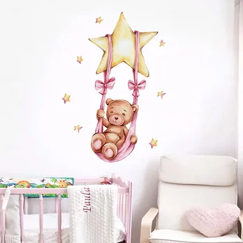 Akvarel Sladké Teddy Dievča Medveď Swing na Star Samolepky na Stenu pre Deti Detská Izba Detská Izba Stenu Miestnosti PVC Ružovej Hviezdy 1