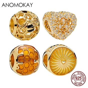Anomokay Európskych a Amerických Trendy Zlatá Farba Honey Bee Slnko Kolo Čaro pre Ženy DIY Náramok Šperky 100% S925 Strieborné Korálky