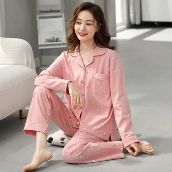 Bavlnené pyžamo dámske dlhé rukávy jar a na jeseň modelov plus veľkosť voľné dva-kus lete tenké časti dámske domáce oblečenie