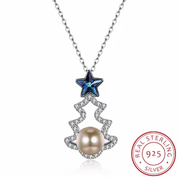 Blue Star Crystal 925 Sterling Silver Vianočný Stromček Pearl Prívesok Náhrdelníky Collares Pre Ženy, Jemné Šperky