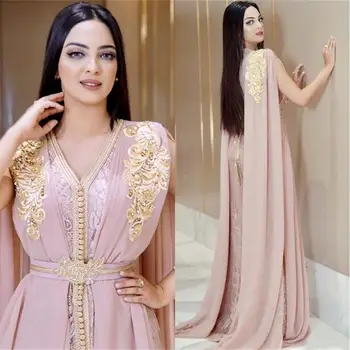 Blush Pink Korálkové Moslimských Dlhé Večerné Šaty Luxusný Dubaj Marocký Kaftan Šifón Šaty V Krku Formálne Šaty Večerné Party Šaty