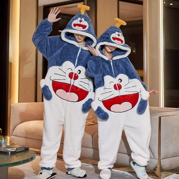 Doraemon Páry Pyžamo Kombinézach Sleepwear Ženy Muži Zimné Zahustiť Hoodies Pyžamá Coral Fleece Anime Voľné Mäkké Teplé