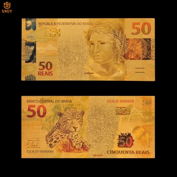Farebný Svet Mene Papier Brazília 50 Reais Pozlátená Replika Falošné Peniaze, Zlato, Bankovky Zbierky