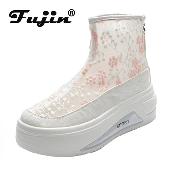 Fujin 6typ Air Mesh Čipky Ženy Topánky Sandále na Platforme Ženy Letné Topánky Priedušná Zip Ženy Členkové Topánky Móda