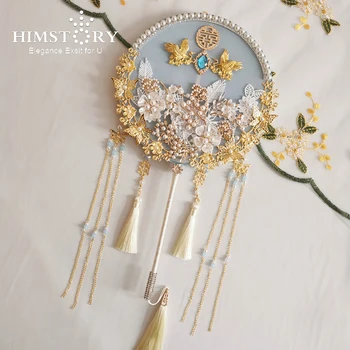 HIMSTORY Luxusné Ice Blue Čínske Svadobné Strane Kytice Ventilátor Typ 3D Kvety Perly Kovové Svadobné Šperky Príslušenstvo