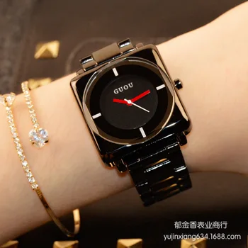 HK náramkové hodinky Značky Quartz Hodinky Vysoko kvalitné dámske Hodinky Rose Gold Black Nerezová Oceľ Remienok Joker Námestie Jednoduchého Luxusu