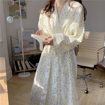 Japonské Kimono Bavlnené Šaty pre Ženy Kvetinový Tlač Sprcha Spa Sleepwear Župan Dlhý Rukáv Sleepwear župane Domáce oblečenie