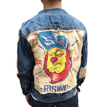 Japonský Ulici Príliv Značky Originálne Dizajnérske Appliques Handričkou Lev Vzor Pre Mužov Denim Jacket Kabát Hip Hop, Punk Mládež Vrchné Oblečenie