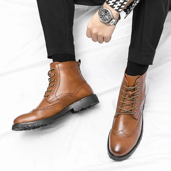 Jeseň/zima taliansky ručne tkaná 100% Chelsea Boots Mužov Americký Štýl hnedé topánky Brogues boj proti topánky muž botas militares hombre