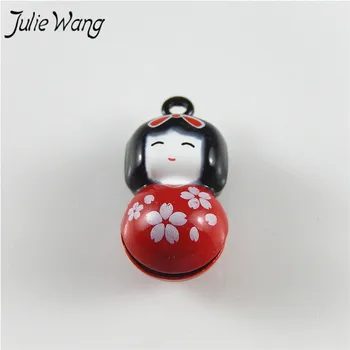 Julie Wang 5 ks Krásne Mini Japonské Bábiky v Kimono Šaty Smalt Zliatiny Bell Charms Ručné zvonkohry Náramok Anklet Zistenia