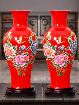 Keramika Čínske Červené Bohaté Bambusu Kvetinové Vázy Kvet Usporiadanie Domov Obývacia Izba Dekorácie Dekorácie Veľká Svadba