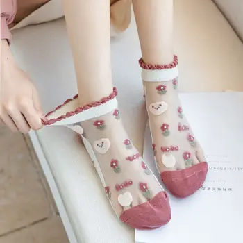 Letné Ultra-tenká Priehľadná Kvetinová Krátke Ponožky Harajuku Japonský Kawaii Roztomilý Členok 2023 Nový Vintage Ženy Crystal Hodváb Ponožky
