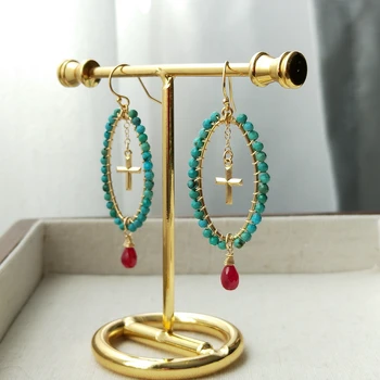 Lii Ji Prírodné Ruby Tyrkysové Americký 14K Zlata Plné Náušnice Skutočný Drahokam, Ručne vyrábané Šperky