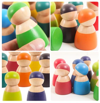 Montessori hračky Rainbow Priateľmi Peg Bábiky Hračky Dieťa 12PCS Drevené Predstierať, že Hrať Ľudí, číselné Údaje pre Deti Plavidlá, drevené kocky, Hračky