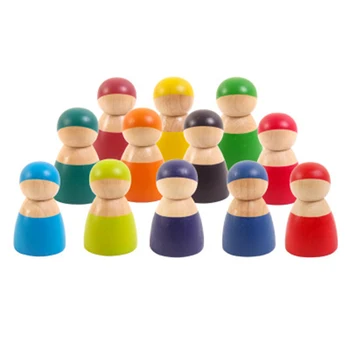 Montessori hračky Rainbow Priateľmi Peg Bábiky Hračky Dieťa 12PCS Drevené Predstierať, že Hrať Ľudí, číselné Údaje pre Deti Plavidlá, drevené kocky, Hračky 2