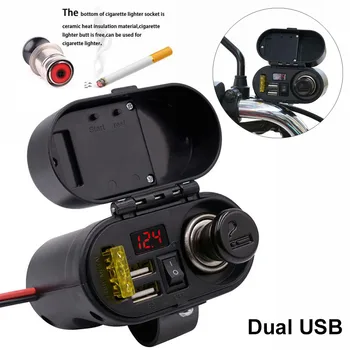 Motocykel 12V Dual USB Nepremokavé Cigaretový Zapaľovač Nabíjačku Riadidlá Zásuvky Auta s Voltmeter Zobrazenie Času napájanie Telefónu