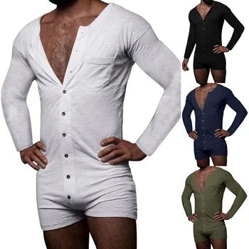 Muži Pyžamo Remienky Dlhý Rukáv Pohodlné oblečenie pre voľný čas Voľný čas Mens Jumpsuit Sleepwear Farbou Tlačidlo Odev S-3XL