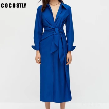 Nové 2022 Ženy Elegantné Šaty Bežné Pevné Elegantný Modrý Pás Tričko Midi Šaty Ženské Oblečenie Župan Femme vestido festa luxo