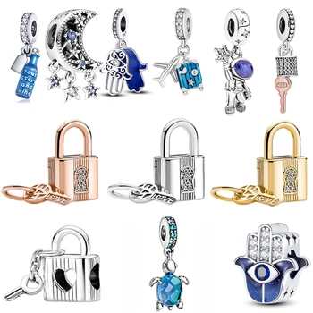 Nové 925 Sterling Silver Modrá Prívesok Visiaci zámok Key Visieť Charms Fit Pôvodné Pandora Prívesky Náramok DIY Ženy Šperky z Korálikov, Darčekové