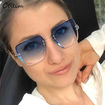 Nové Módne Bez Obrúčok Gradient Slnečné Okuliare Ženy 2023 Luxusné Značky Frameless Námestie Slnečné Okuliare Jasné Modré Odtiene Dropshipping