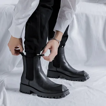 Nové módne chelsea boots black príliv originálne kožené topánky strany nočný klub šaty vysoký vrchol kovboj boot platformu členok botas mans