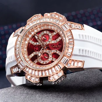 Nové ružové Zlato Biele pánske Hodinky Slávny Luxusný Top Značky Quartz Analógové Chronograf Diamond Veľké Dial Gumové Červené náramkové hodinky