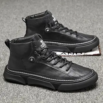 Qmaigie topánky mužov, kožené zimné Vysoký Vrchol prešívané topánky 2022 Bežné Čistenie Muž Black Príliv Boot pánske British Štýl mužov členková obuv