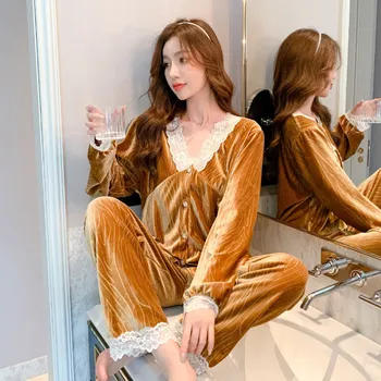QSROCIO dámske Pyžamo Nastaviť Velvet Luxusné Pruhy Vzor Čipky Sleepwear Bežné oblečenie pre voľný čas V Krku Odev Pyžamo Femme Drobná 1