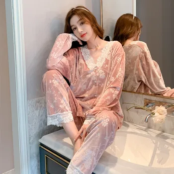 QSROCIO dámske Pyžamo Nastaviť Velvet Luxusné Pruhy Vzor Čipky Sleepwear Bežné oblečenie pre voľný čas V Krku Odev Pyžamo Femme Drobná 4