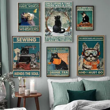 Retro umenie zvierat plátno na maľovanie zábavné čierna mačka, čítanie a pitie kávy plagát, obývacia izba, spálňa domáce dekorácie nástenná maľba 0