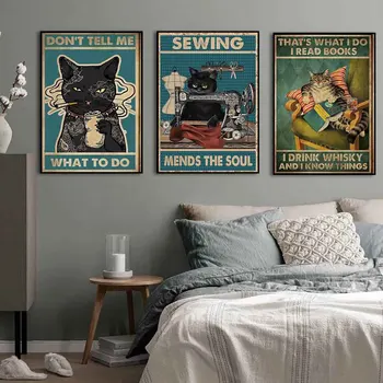 Retro umenie zvierat plátno na maľovanie zábavné čierna mačka, čítanie a pitie kávy plagát, obývacia izba, spálňa domáce dekorácie nástenná maľba 1