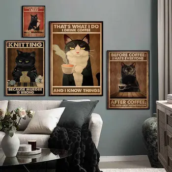 Retro umenie zvierat plátno na maľovanie zábavné čierna mačka, čítanie a pitie kávy plagát, obývacia izba, spálňa domáce dekorácie nástenná maľba 2