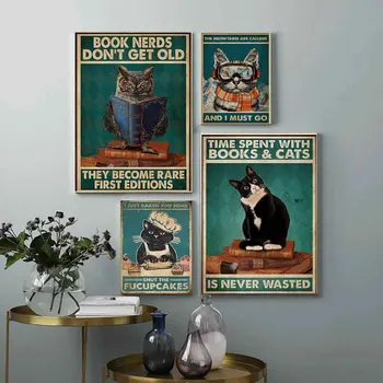 Retro umenie zvierat plátno na maľovanie zábavné čierna mačka, čítanie a pitie kávy plagát, obývacia izba, spálňa domáce dekorácie nástenná maľba 4