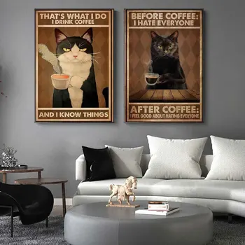 Retro umenie zvierat plátno na maľovanie zábavné čierna mačka, čítanie a pitie kávy plagát, obývacia izba, spálňa domáce dekorácie nástenná maľba 5