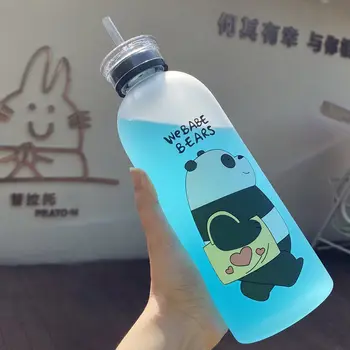 Roztomilý medvedík Panda Pohár 1000ml Fľaše na Vodu S Slamy Transparentné Cartoon Fľaša na Vodu Drinkware Matné nepriepustných Bielkovín Shaker