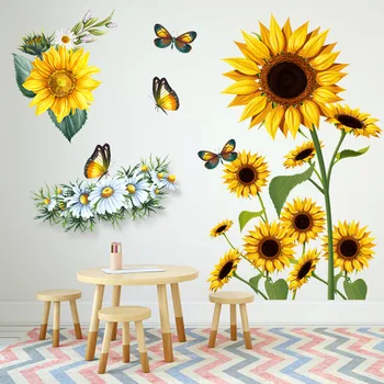 Samolepiace Nálepky Na Stenu Nové Slnečnice Motýľ, Žlté, Biele Kvety Veľká Nástenná Maľba Na Domáce Obývacia Izba Vstupnej Chodby Dekor