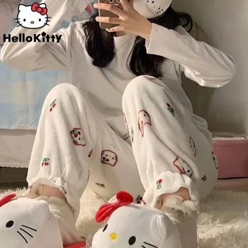 Sanrio Módne Cartoon Hello Kitty Plyšové Teplé Pyžamo Ženy Jeseň Nové Roztomilé Mäkké Nohavice Y2k Dievča Trendy Kórejský Štýl Ženy