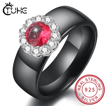 Skutočné 925 Sterling Silver, Keramické Krúžky luxusné Crystal Red Flower Snubné Prstene pre Ženy Kruhu Gem Krúžky Zdravé Šperky