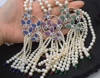 sladkovodné perly biele blízkosti kolo 8-9mm +modrá/červená/zelená jade kvetina náhrdelník 35 palec FPPJ veľkoobchod korálky prírody