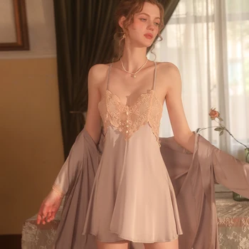 Spodná bielizeň Nightgown Sexy Čipka Pohľadu Backless Šatka Nightdress Cardigan Oblečenie dámske oblečenie pre voľný čas Nastaviť Bielizeň Nighty Šaty