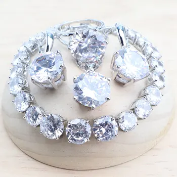Svadobné Šperky Sady 925 Striebro Prstene Prívesok Weddinng Šperky, Náhrdelníky Náramky Biele Náušnice Zirkón Kostým Pre Ženy Nastaviť
