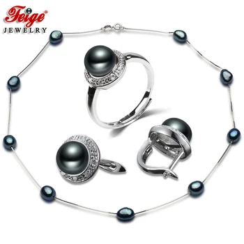 Trendy 925 Sterling Silver Chain Black Sladkovodných Kultivovaných Perlový Náhrdelník Šperky Set pre dámske Módne Šperky Darček FEIGE